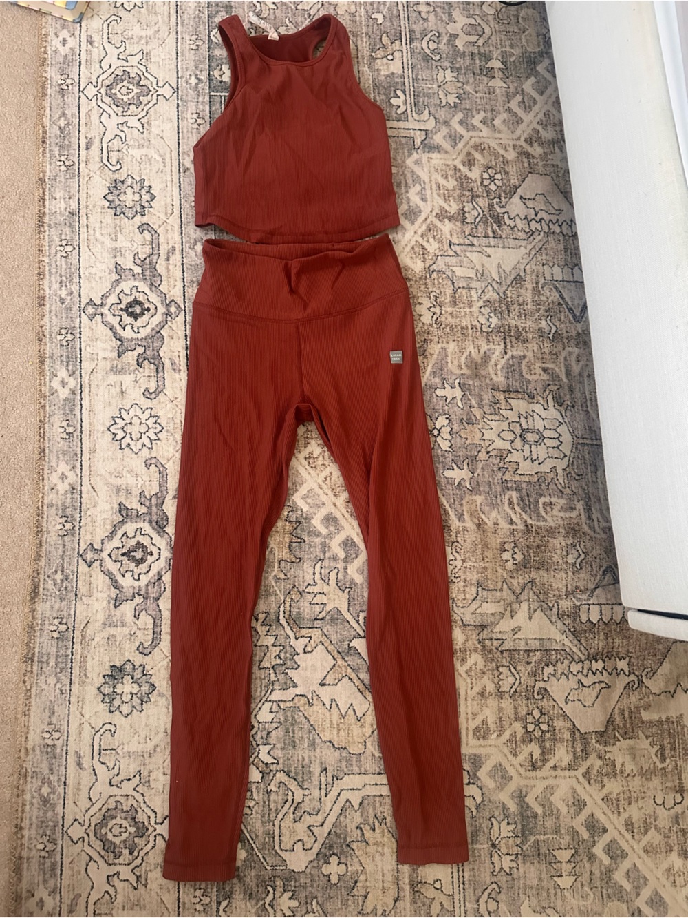 Ribbed High-Waist Leggings and Cropped Tank Set - Rust